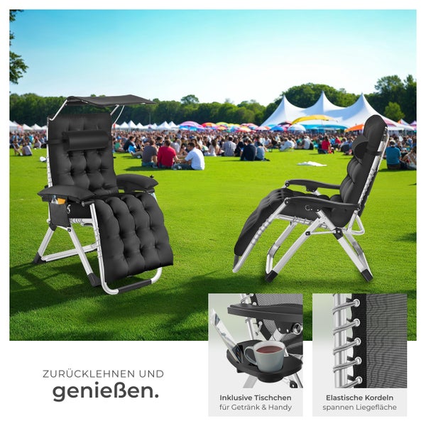 Sonnenliege tectake Cloud II mit Ablagetisch und Stautasche klappbar, flexible Rückenlehne und Fußablage schwarz