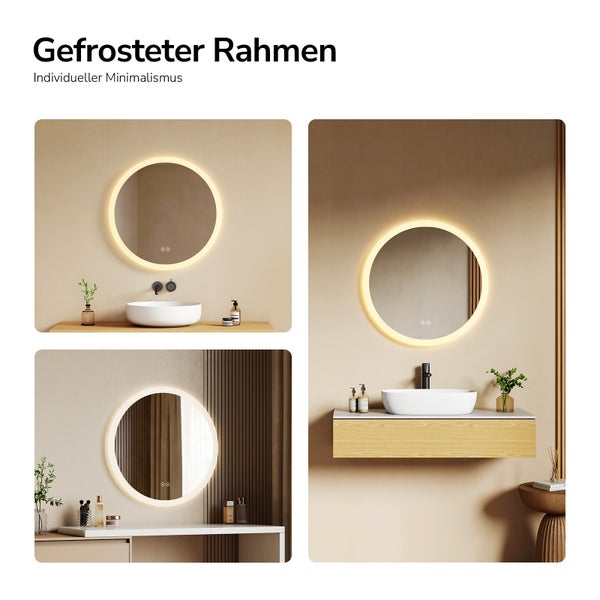 Runder LED-Badezimmerspiegel mit gefrostetem Rahmen in minimalistischen Badezimmer-Szenarien über Waschbecken und Schminktisch.
