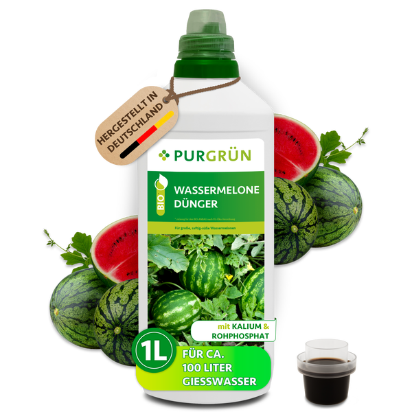 Purgrün Bio Wassermelonendünger in einer 1 Liter Flasche für 100 Liter Gießwasser, hergestellt in Deutschland.