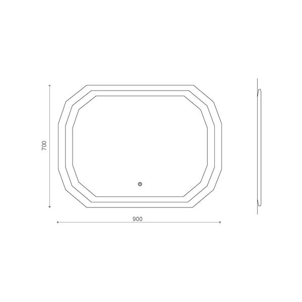 Maßzeichnung eines achteckigen Badezimmerspiegels mit Touchsensor. Breite 900 Millimeter, Höhe 700 Millimeter.