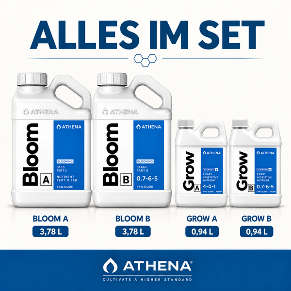 Athena Pflanzendünger Set bestehend aus zwei großen Flaschen Bloom A und B mit 3,78 Liter und zwei kleinen Flaschen Grow A und B mit 0,94 Liter.
