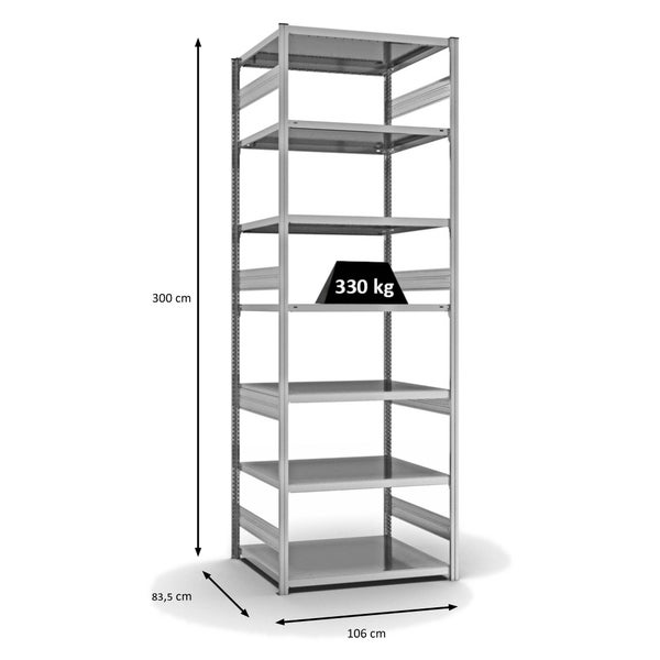 PROREGAL Fachbodenregal Stecksystem T-Profil Heavy-Duty Grundregal HxBxT 300 x 100 x 80 cm 7 Ebenen Fachlast 330 kg Beidseitig Nutzbar Verzinkt