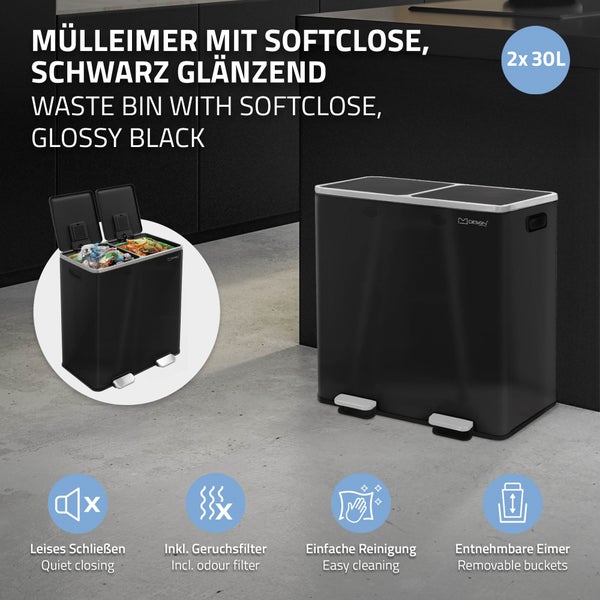 ML-Design Mülleimer Küche 2x 30L (60L), Schwarz glänzend, Mülltrennsystem 2 Fächer, Treteimer zur Mülltrennung, Abfalleimer aus Stahl, herausnehmbarer Kunststoff Inneneimer, Klappdeckel, Softclose