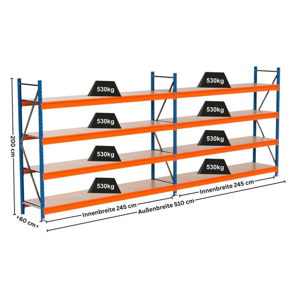 Regal mit vier Ebenen und Gewichtsangaben