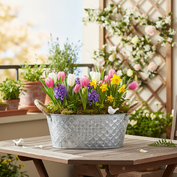 Frühlingsgesteck mit Tulpen, Hyazinthen und Narzissen in einer verzinkten Metallwanne auf einem Holztisch im Außenbereich.