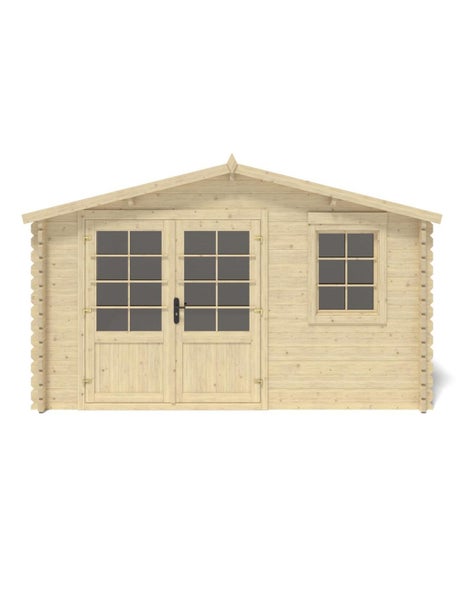 Gartenhaus aus Holz mit Doppeltür und einem Fenster, klassisches Blockhausdesign für den Garten.