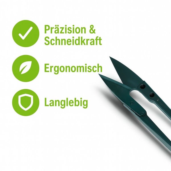 Präzision und Schneidkraft Symbol, Ergonomisch Symbol und Langlebig Symbol neben einer Schere.