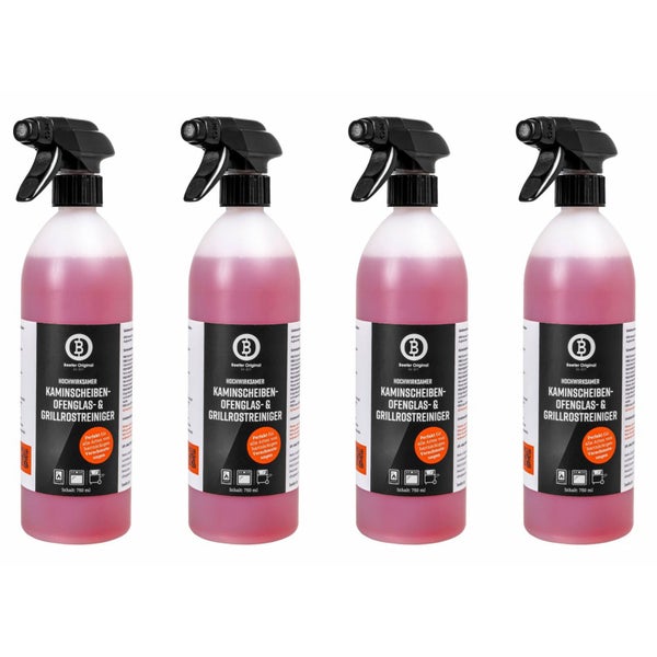 Vier Sprühflaschen Beefer Original Kaminscheiben- Ofenglas- und Grillrostreiniger mit jeweils 750 Milliliter Inhalt.