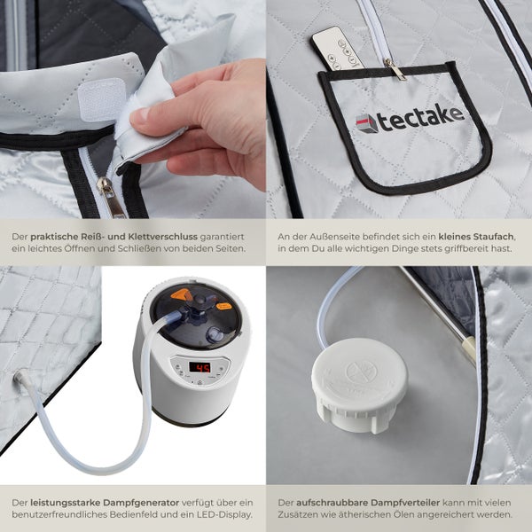 Details einer mobilen Sauna mit Dampfgenerator, Reißverschluss, Klettverschluss, Fernbedienung und Zubehör