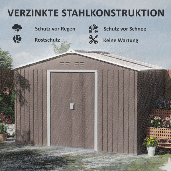 Outsunny Gerätehaus 4,9 m², Gartenhaus mit Pultdach, Schiebetür, Fundament, 277 x 195 x 192 cm, Geräteschuppen aus Verzinkter Stahl, wetterfest, für Garten, Hellgrau