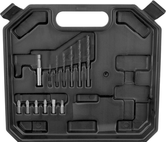 Bohrersatz und Bit-Set in einem schwarzen Kunststoffkoffer inklusive verschiedener Bohrer und Schrauberbits.
