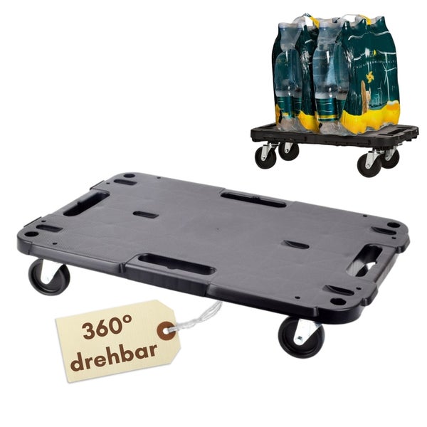 Transportroller aus Kunststoff mit drehbaren Rollen und einem Anhänger mit der Aufschrift '360 Grad drehbar'. Im Hintergrund befindet sich ein Transportroller mit einem Sixpack Wasserflaschen.