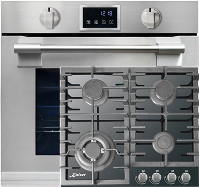 Einbau Backofen mit integriertem Gaskochfeld aus Edelstahl mit digitalen Bedienelementen und Drehknöpfen.