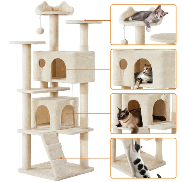 Beiger Kratzbaum mit mehreren Ebenen, Höhlen und Kratzstämmen für Katzen