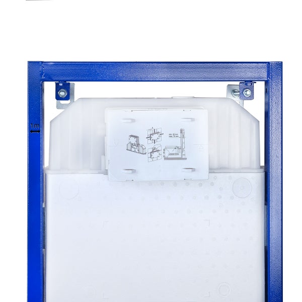 Detailansicht eines Vorwandelements für Toiletten mit blauem Metallrahmen, weißem Spülkasten und Isolierung.
