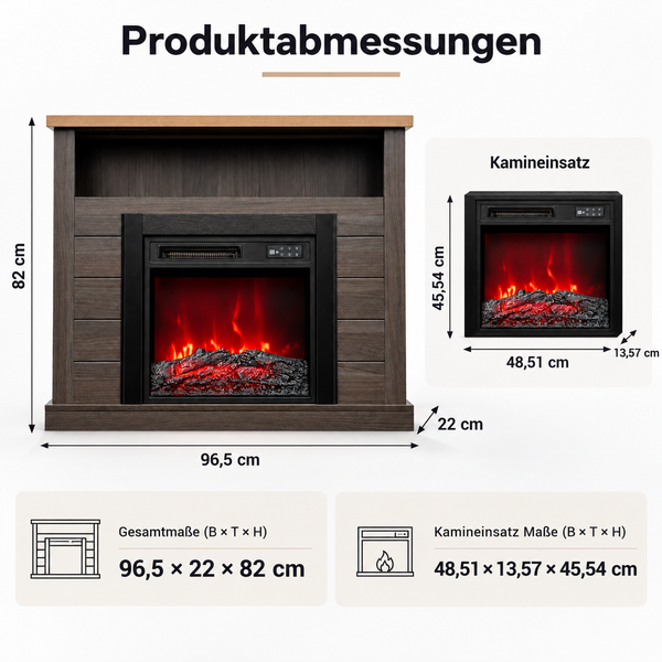 Technische Zeichnung der Produktabmessungen für einen elektrischen Kamin mit Kamineinsatz inklusive Angaben zu Breite, Tiefe und Höhe.