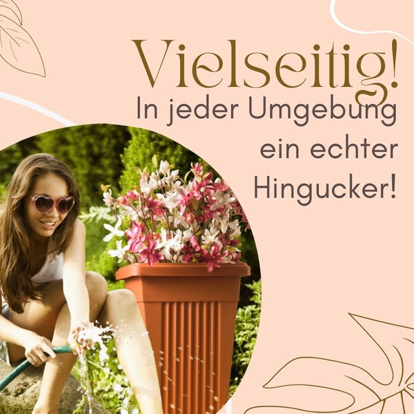 Frau gießt Blumen in einem Pflanzgefäß im Garten.