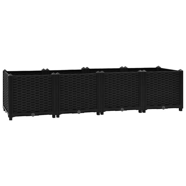 Schwarzes rechteckiges Hochbeet aus Kunststoff in Rattan-Optik mit vier Segmenten.