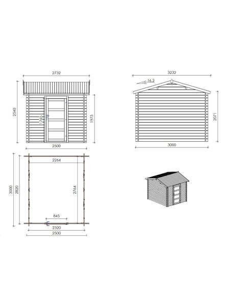 Technische Zeichnung eines Gartenhauses mit Frontansicht, Seitenansicht, Grundriss und isometrischer Ansicht inklusive Maßangaben in Millimetern.