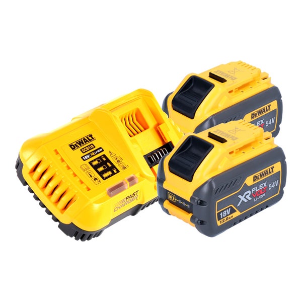 DeWalt Schnellladegerät DCB118 und zwei 18 Volt und 54 Volt Flexvolt Lithium Ionen Akkus mit 12 Amperestunden Kapazität