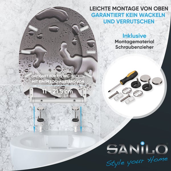 Sanilo WC-Sitz, Wassertropfen-Design, einfache Top-Montage für Lochabstände von 11 bis 21,5 Zentimeter, inklusive Werkzeug, Sanilo Logo.