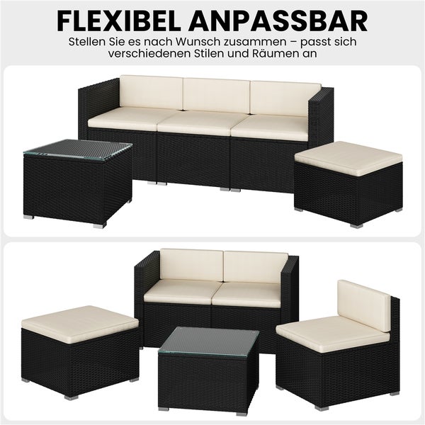 Gartenmöbel-Set mit Sofa, Sessel, Hockern und Tisch mit Glasplatte
