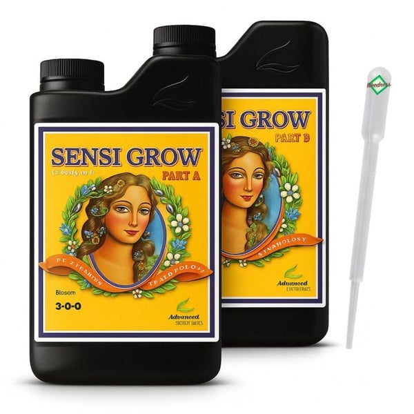 Zwei Flaschen Sensi Grow Pflanzendünger Teil A und Teil B von Advanced Nutrients mit einer Kunststoffpipette.