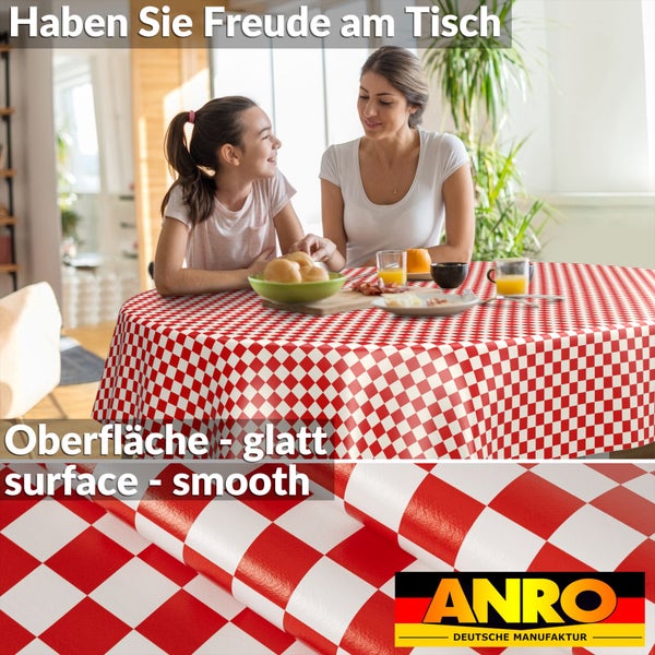 Rot-weiß karierte Wachstuchtischdecke mit glatter Oberfläche in einer hellen Esszimmerszene mit Mutter und Kind. ANRO Logo.