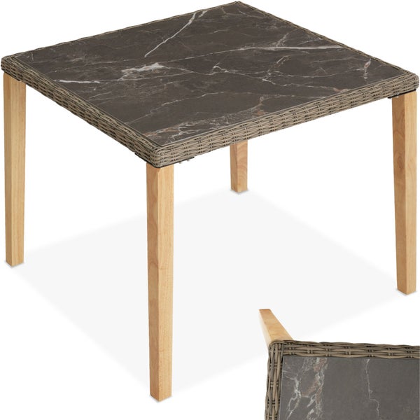 Quadratischer Gartentisch mit Marmorplatte und Holzbeinen