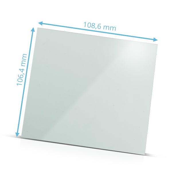 Quadratische Glasscheibe mit den Maßen 106,4 mm x 108,6 mm