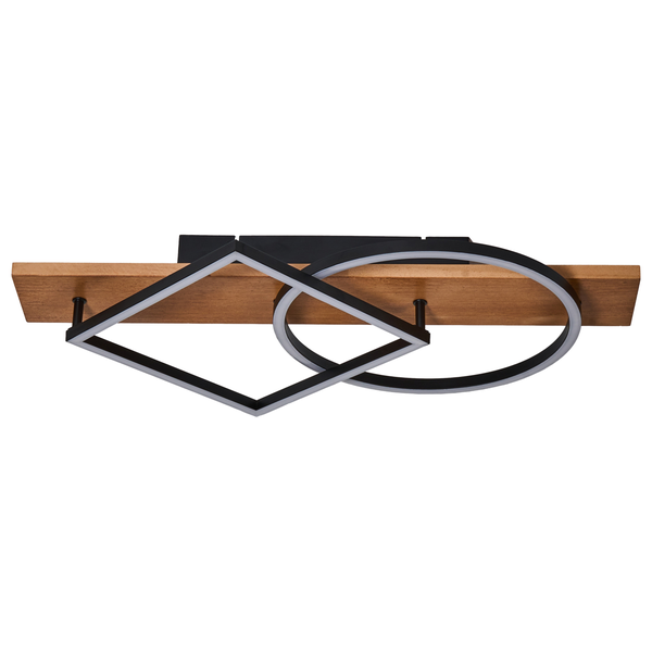 Moderne LED Deckenleuchte mit Holzplatte und geometrischen Leuchtelementen in quadratischer und runder Form.