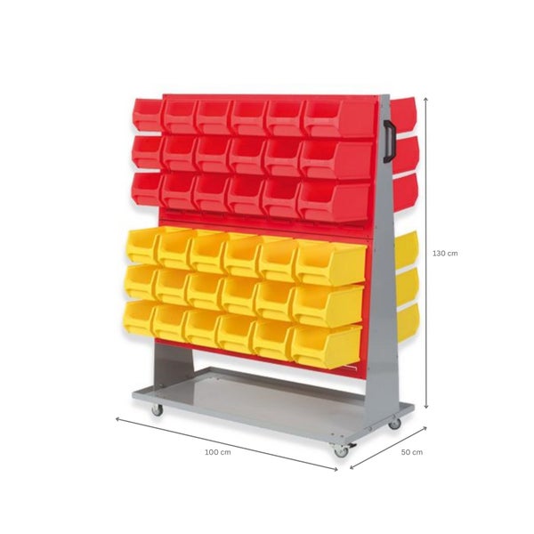 PROREGAL ProfiDrop Systemwagen auf Rollen mit Roten Systemplatten und 72 x Rote und Gelbe Sichtlagerbox 3.0 HxBxT 130 x 100 x 50 cm