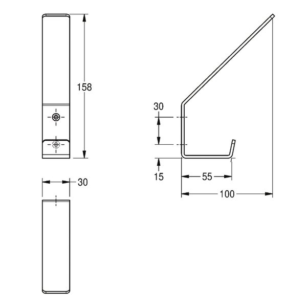 Maßzeichnung eines Wandhakens mit Montageangaben und Bemaßungen in Millimeter.
