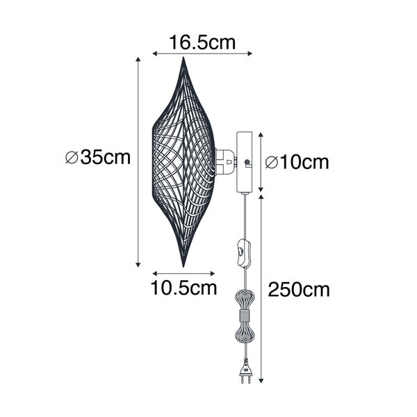 Technische Zeichnung einer Wandleuchte mit den Maßen 16,5 cm, 35 cm, 10,5 cm und einer Kabellänge von 250 cm.