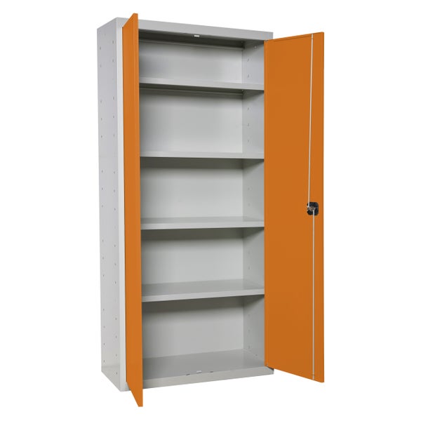 Stahlschrank mit offenen Türen und Regalböden