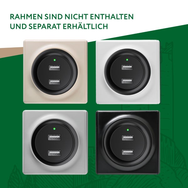 Vier USB Ladesteckdosen Einsätze mit Kontrollleuchte, Rahmen sind nicht enthalten und separat erhältlich.
