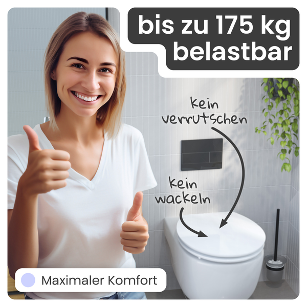 Frau zeigt Daumen hoch vor einer Toilette, die bis zu 175 Kilogramm belastbar ist, nicht verrutscht und nicht wackelt, für maximalen Komfort.