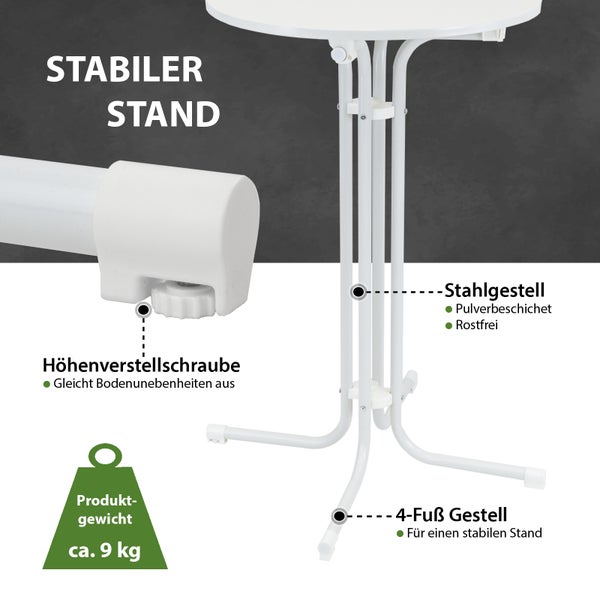 Stehtisch mit Stahlgestell, pulverbeschichtet, rostfrei, höhenverstellbar und vierfüßigem Gestell für stabilen Stand.