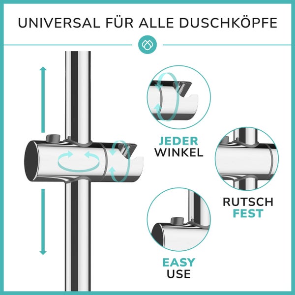 Duschstange 90cm rostfrei mit Seifenhalter - Brausestange 90 cm variable Bohrlöcher dank flexibler Wandhalterungen - universal Dusch Stange lang mit top Slider - Wandstange Dusche variabel