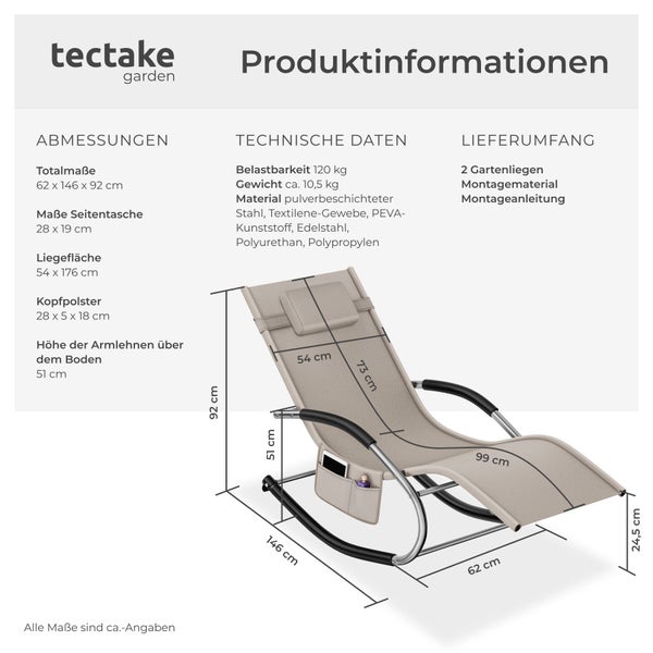 tectake garden Logo. Produktinformationen für Gartenliege mit Maßen 62 mal 146 mal 92 Zentimeter, Belastbarkeit 120 Kilogramm und Materialien.