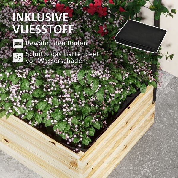 Hochbeet aus Holz mit Pflanzen und inkludiertem Vliesstoff zum Schutz des Bodens und des Gartenbeets vor Wasserschäden