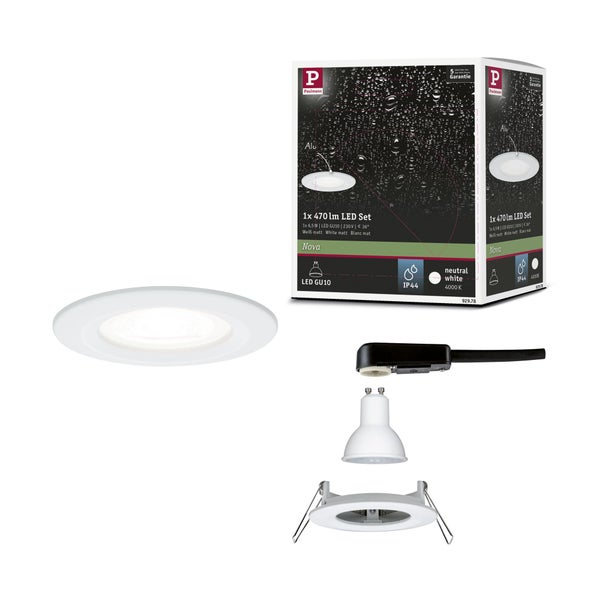 Paulmann Nova LED Einbaustrahler Set aus Aluminium in Weiß matt, IP44 Spritzwasserschutz, GU10 Fassung, 470 Lumen, neutralweiß.