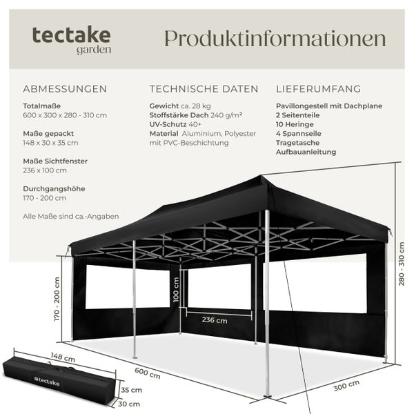 Pavillon tectake Viola inklusive Spannseilen, Heringen und Tragetasche 6 x 3 m, mit Aluminiumgestell schwarz