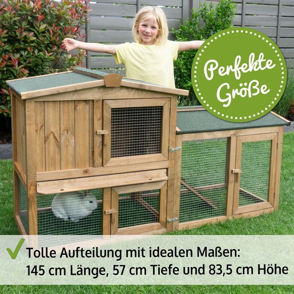 Kleintierstall aus Holz mit Auslauf, 145 Zentimeter Länge, 57 Zentimeter Tiefe und 83,5 Zentimeter Höhe, mit Kaninchen und Kind.