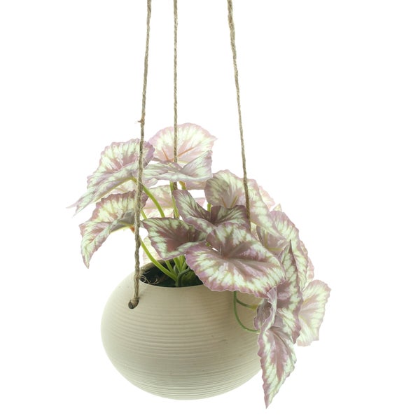 FRANK FLECHTWAREN|Kunstpflanze Königsbegonie im Hängetopf, Höhe 17 cm, KUNSTSTOFF, KERAMIK, JUTE