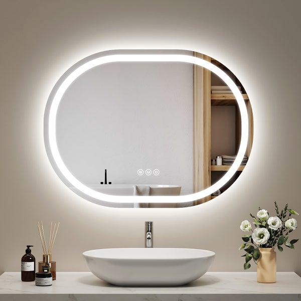 EMKE LED Badspiegel 60x80 cm Oval, 3 Lichtfarben einstellbar, dimmbar, Touch-Schalter, Antibeschlag, Memory-Funktion, flexibel montierbar, IP44, für Badezimmer