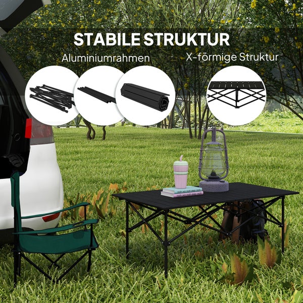 Outsunny Campingtisch Klapptisch mit Aufrollbare Tischplatte X-Rahmen Gartentisch aus Aluminium leicht 2 Personen Beistelltisch Falttisch für Garten Balkon Camping 95 x 55cm Schwarz