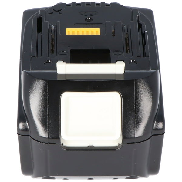 Schwarzer Makita Akku 18 Volt 6,0 Amperestunden Lithium-Ionen mit Ladezustandsanzeige.
