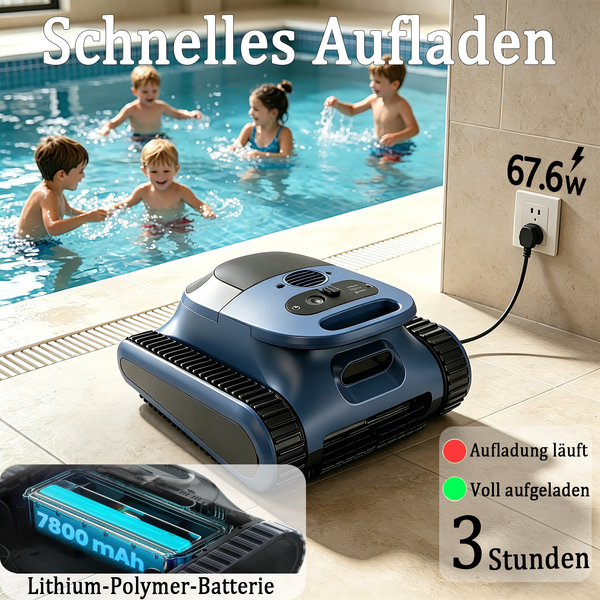 Akkubetriebener Poolroboter am Beckenrand beim Ladevorgang über eine Steckdose, Ladezeit circa 3 Stunden, 7800 Milliamperestunden Lithium-Polymer-Akku.