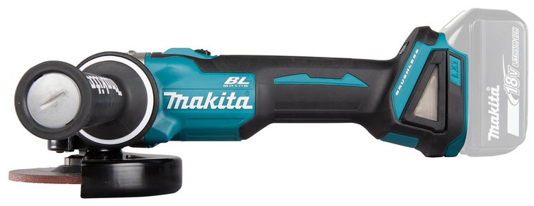 Makita Akku-Winkelschleifer in Türkis und Schwarz mit bürstenlosem Motor und 18 Volt Akku.
